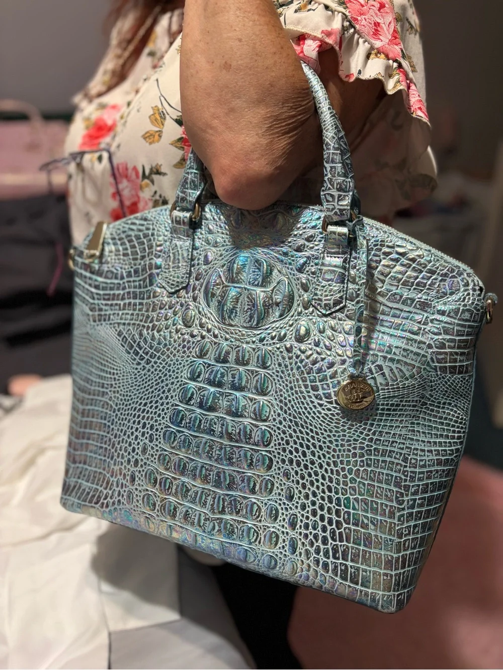 Brahmin Iridescent Blue Croc-Embossed Satchel